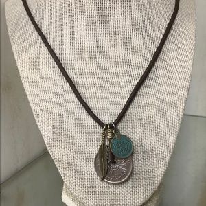 Coin & Feather Leather Corded Necklace